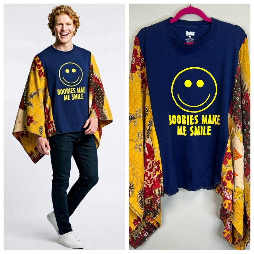 Smiley Face Graphic Cotton Kantha Upcycled Poncho Pockets Festival Funny Boho